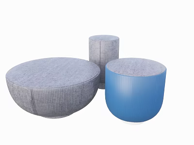 Round Gray And Blue Textured Upholstered Ottomans For Modern Living Room 3d model