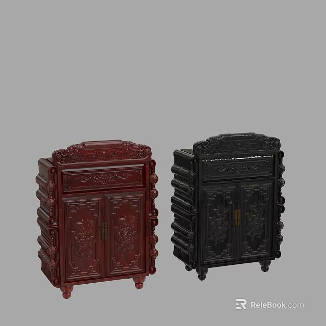 Traditional Style Storage Cabinet With Ornate Carving In Red And Black 3d model 