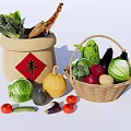 Assorted Fresh Vegetables in Traditional Sack and Woven Basket with Scattered Produce