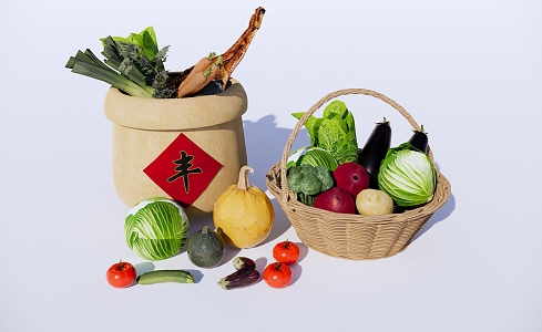 Fruit and vegetable combination bamboo basket vegetable basket fruit basket tomato cabbage pumpkin onion 3d model