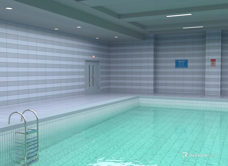 Indoor Swimming Pool Facility With Light Green Water Striped Tile Walls And Metal Ladder 3d model 