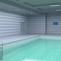 Indoor Swimming Pool Facility With Light Green Water Striped Tile Walls And Metal Ladder