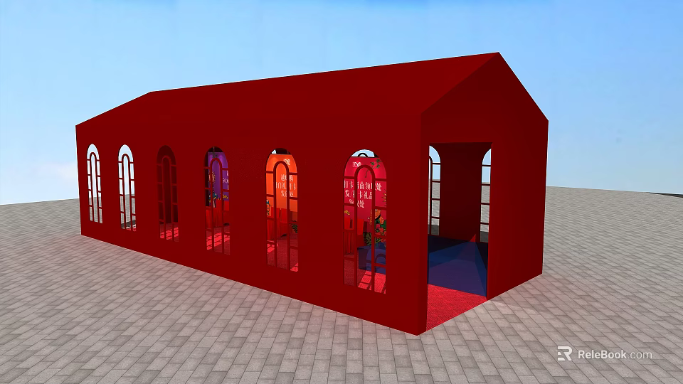 Red Tent With Arched Windows And Interior Lighting On Brick Pavement 3d model