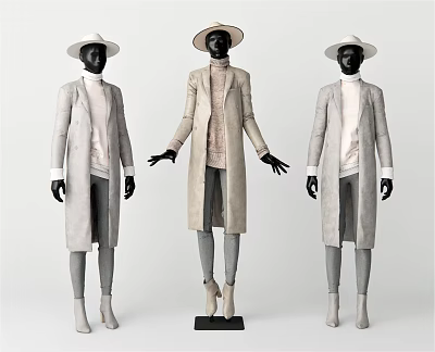 Mannequins In Light Colored Long Coats With Wide Brimmed Hats And Gray Pants 3d model