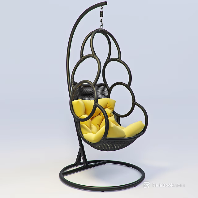 Modern Black Frame Hanging Chair With Circular Ring Design And Yellow Cushions 3d model 