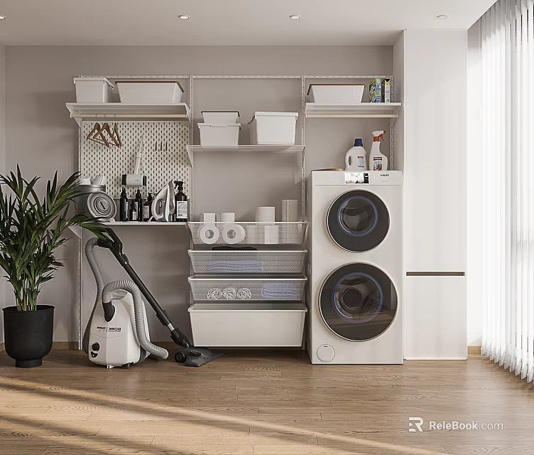 Organized Home Balcony Featuring Washing Machine Dryer Storage Shelves Cleaning Supplies and Green Plant 3d model 
