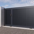 Modern Black Metal Gate With Decorative Patterns And Stone Walls Under Clear Sky
