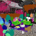 Cozy Garden Courtyard With Outdoor Sofa Colorful Pillows Lush Green Plants And Pebble Flooring