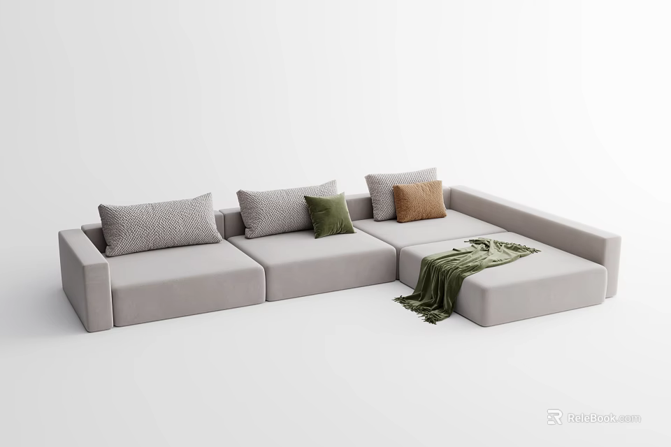 Modern Light Gray Fabric Sectional Sofa With Multiple Colored Cushions And Soft Throw Blanket 3d model