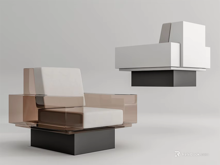 Modern Single Sofa With Geometric Square Structure Transparent Frame And White Brown Black Colors 3d model 