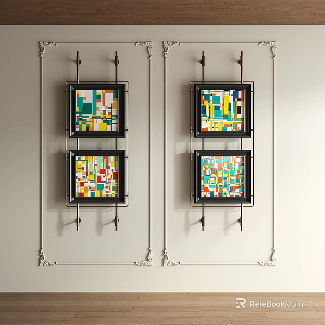 Four Abstract Paintings With Colorful Geometric Patterns In Black Frames On Light Colored Wall 3d model