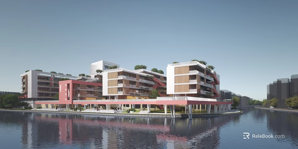 Modern Waterfront Commercial Street With Multi storey Red And White Buildings Canopied Walkway And Pedestrians 3d model 