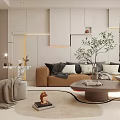 Modern Living Room Interior Design With Beige Brown Sofa Coffee Table And Green Plant