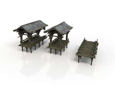 Ancient Wooden Architecture With Three Traditional Rooftop Structures 3d model