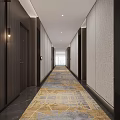 Modern Elevator Hallway With Dark Wooden Walls Patterned Carpet And Floor-to-Ceiling Window Plant