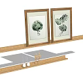 Botanical Plant Paintings in Wooden Frames on Shelf with Small Figurines and Vases