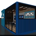 Modern Sales Office Building with Blue Vertical Striped Exterior Glass Windows Snowflake Decorations and Seating