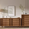 Wooden Entryway And Side Cabinet Interior With Floor Lamp Wall Art And Decorative Vases