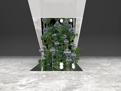Floral Art Installation With Green Plants Decorative Metal Frames And Circular Ornaments 3d model