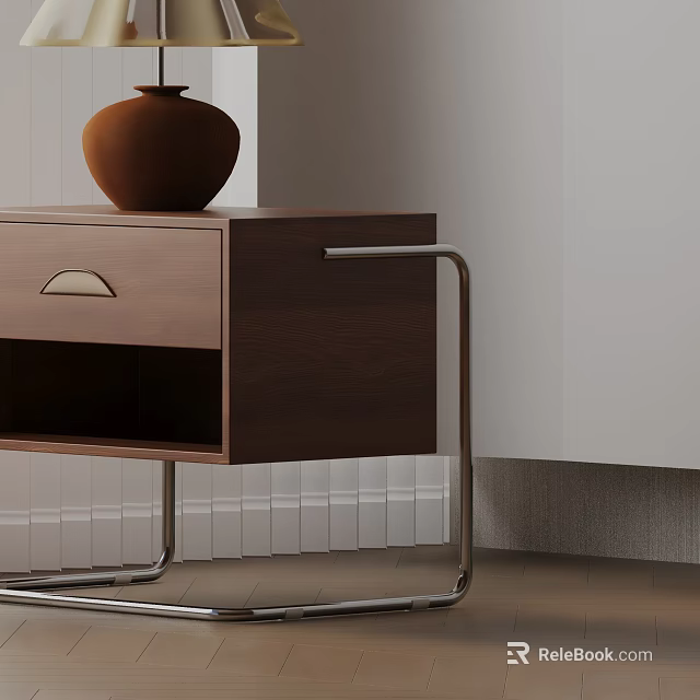 Modern Bedside Table with Wooden Drawer Metal Legs and Brown Vase on Top 3d model 