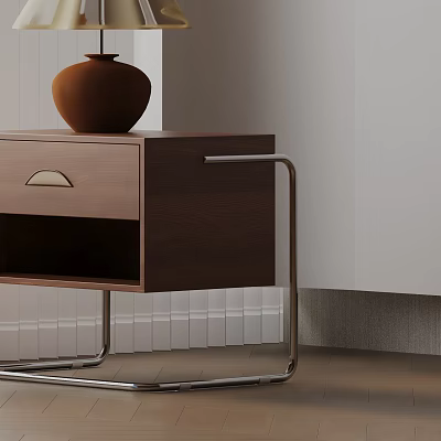 Modern Bedside Table with Wooden Drawer Metal Legs and Brown Vase on Top 3d model