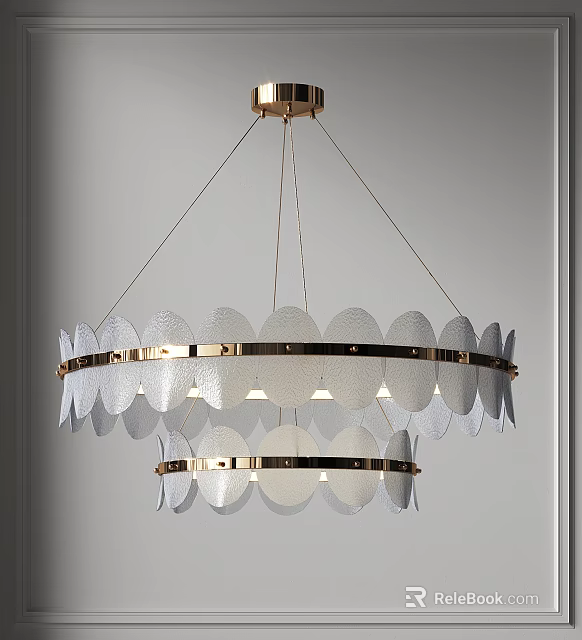 Elegant Modern Two Tiered Chandelier With Transparent Circular Panels And Golden Frame 3d model 