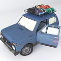 Blue Vintage Car With Open Door And Roof Mounted Luggage For Travel