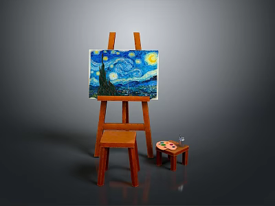 Wooden Art Easel Displaying Starry Night Painting with Small Stool and Paint Palette 3d model