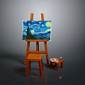 Wooden Art Easel Displaying Starry Night Painting with Small Stool and Paint Palette