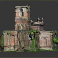 Ancient Ruined Red Brick Building Model Featuring Tower Arch Windows and Green Moss