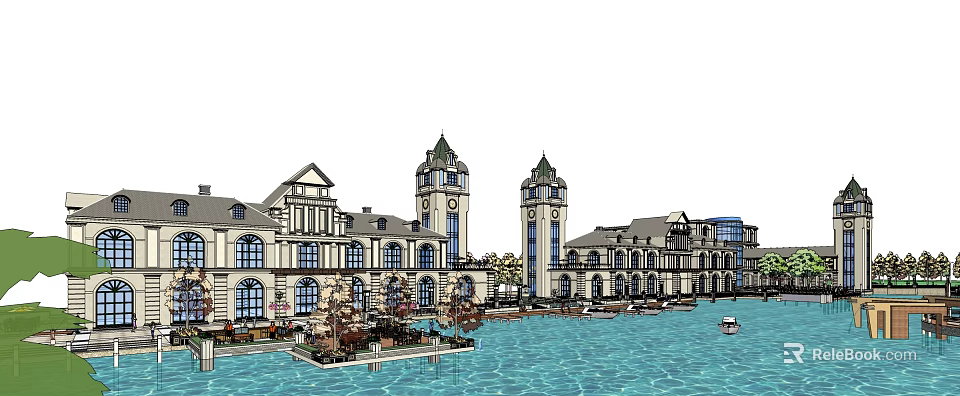 Scenic Commercial Street With European Clock Towers And Waterfront Outdoor Cafes 3d model 