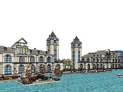 Scenic Commercial Street With European Clock Towers And Waterfront Outdoor Cafes 3d model