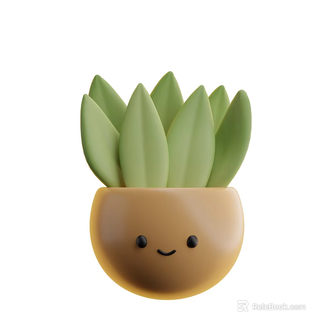 Cartoon Style Succulent Plant With Green Leaves In Brown Pot With Smiling Face 3d model 