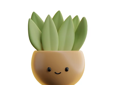 Cartoon Style Succulent Plant With Green Leaves In Brown Pot With Smiling Face 3d model