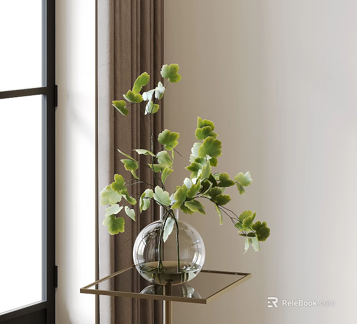 Glass Vase with Green Foliage on Metal Side Table by Window with Curtain 3d model 