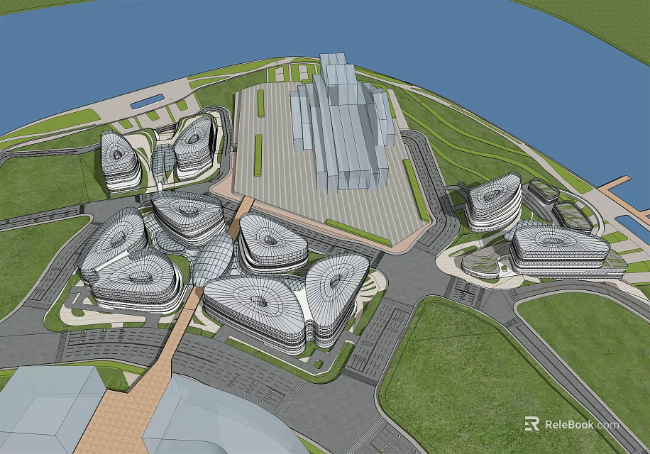 Modern Commercial Complex With Waterfront View Multiple Buildings And Green Spaces 3d model