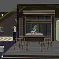 Cartoon Scene Interior With Yellow Railing Staircase Wooden Table With Flowers Stools And Green Refrigerator