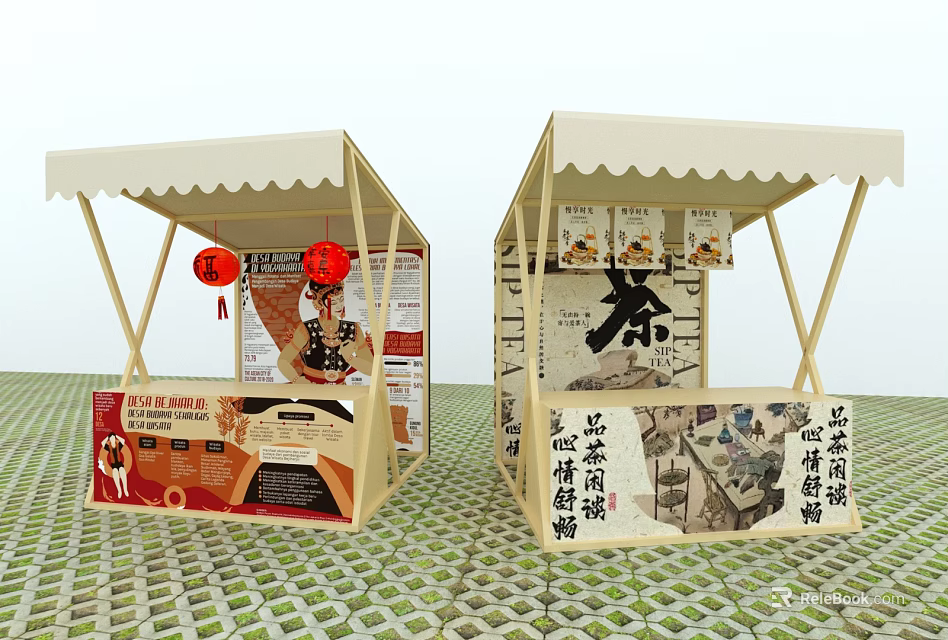 Commercial Street Vendor Stalls With Canopy Advertising Displays And Chinese Decorations 3d model 