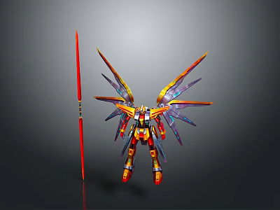 Vibrant Detailed Mecha Figurine With Spiked Mechanical Wings And Red Spear 3d model