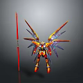 Vibrant Detailed Mecha Figurine With Spiked Mechanical Wings And Red Spear