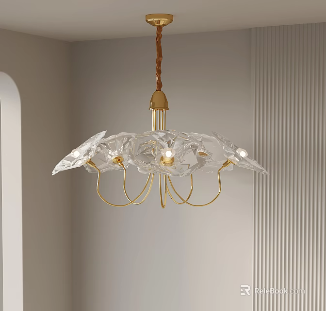 Modern Transparent Glass Petal Chandelier With Brown Rope Hanging And Golden Frame 3d model 
