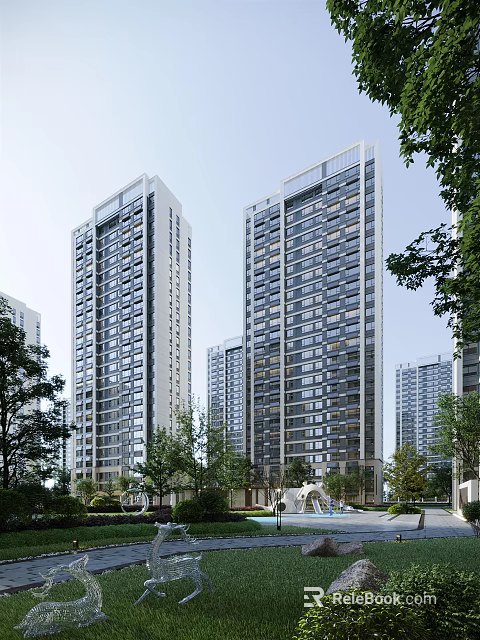 Modern High-rise Residential Buildings Exterior Design With Large Windows And Lush Trees 3d model 