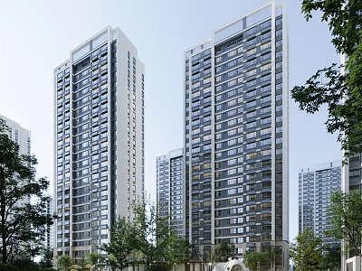 Modern High-rise Residential Buildings Exterior Design With Large Windows And Lush Trees 3d model