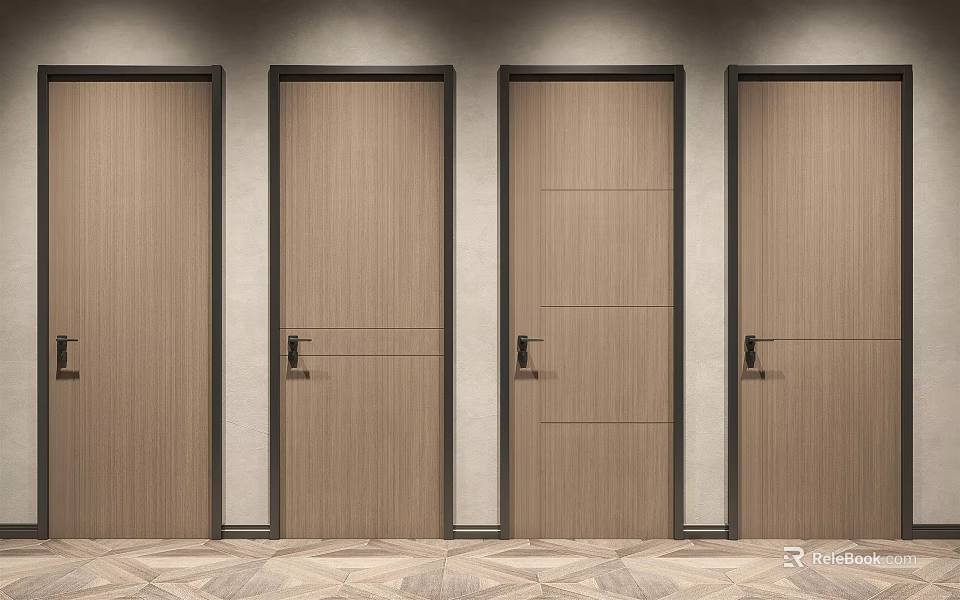 Light Wood Swing Doors With Black Frames And Metal Handles Modern Design 3d model 