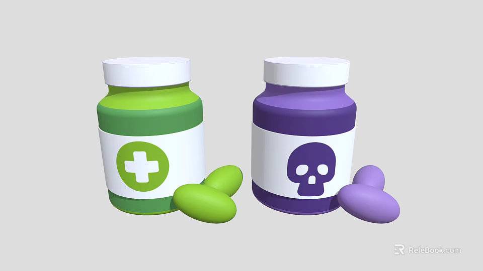 Green and Purple Medicine Bottles with Cross Skull Symbols and Pills 3d model 