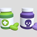 Green and Purple Medicine Bottles with Cross Skull Symbols and Pills