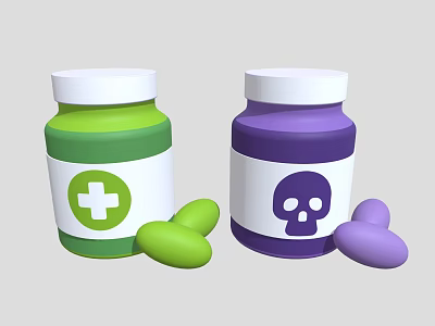 Green and Purple Medicine Bottles with Cross Skull Symbols and Pills 3d model