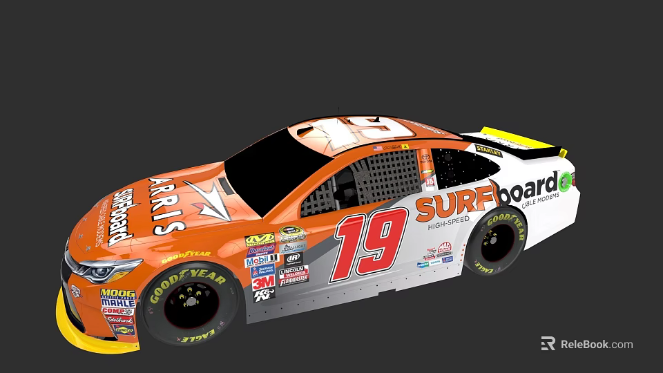 Orange And White NASCAR Style Race Car With Number 19 SURFboard ARRIS Logos 3d model 