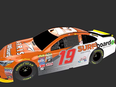 Orange And White NASCAR Style Race Car With Number 19 SURFboard ARRIS Logos 3d model
