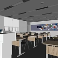 School Classroom Interior With Long Tables Chairs Ceiling Lights Large Screen Posters And Windows 3d model